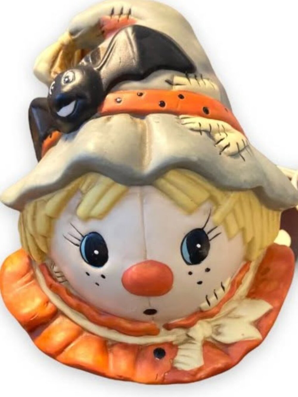 Vintage Ceramic Light-Up Halloween Scarecrow with Bat Night Light Accent